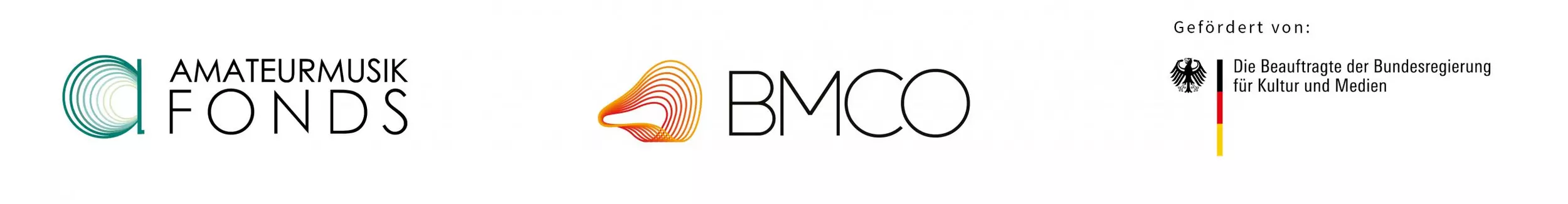 Logos der Unterstützer Amateurmusikfonds, Bundesmusikverband Chor und Orchester und Bundesbeauftragte für Kultur und Medien